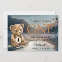 Watercolor Bear Turning One Forest Lake Birthday