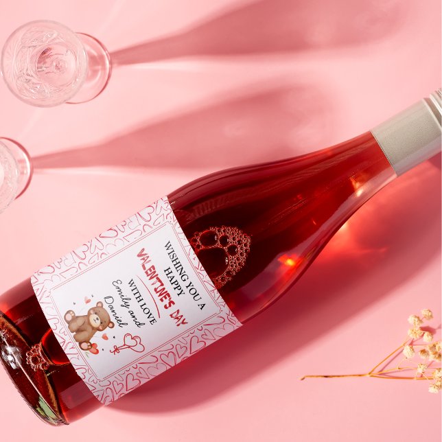 Watercolor Bear Valentine’s Cute Personalized Love Wine Label (Watercolor Bear Valentine's Day Wine Label)