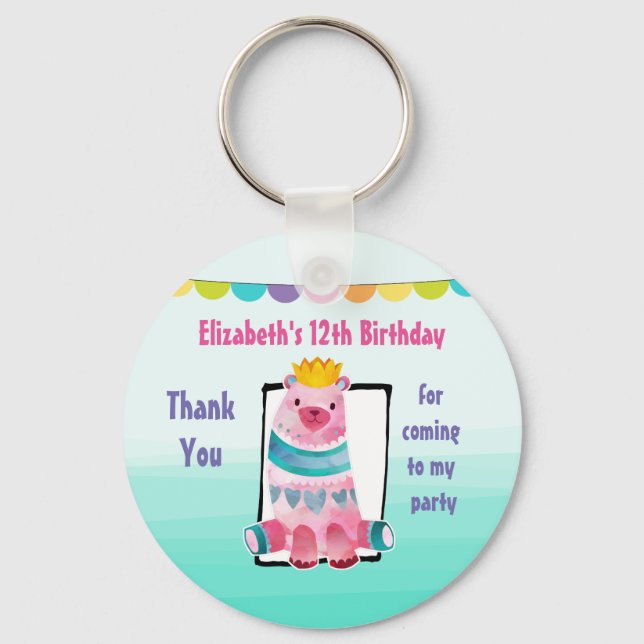 Watercolor Bear Wearing a Crown Birthday Thanks Key Ring (Front)