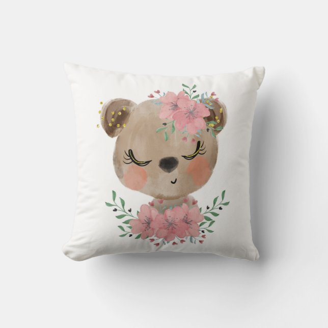 Watercolor Bear with Florals Throw Pillow (Front)