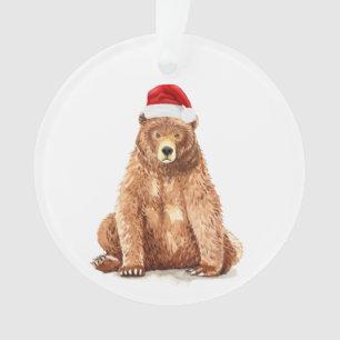 Watercolor Bear with Santa Hat Ornament