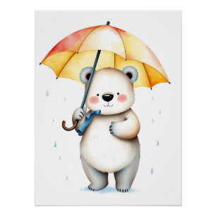 Watercolor Bear with Umbrella and Raindrops Poster