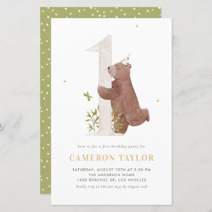 Watercolor Bear Woodland First Birthday Invitation