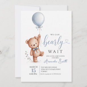 Watercolor Bearly Wait Teddy Bear Blue Baby Shower Invitation