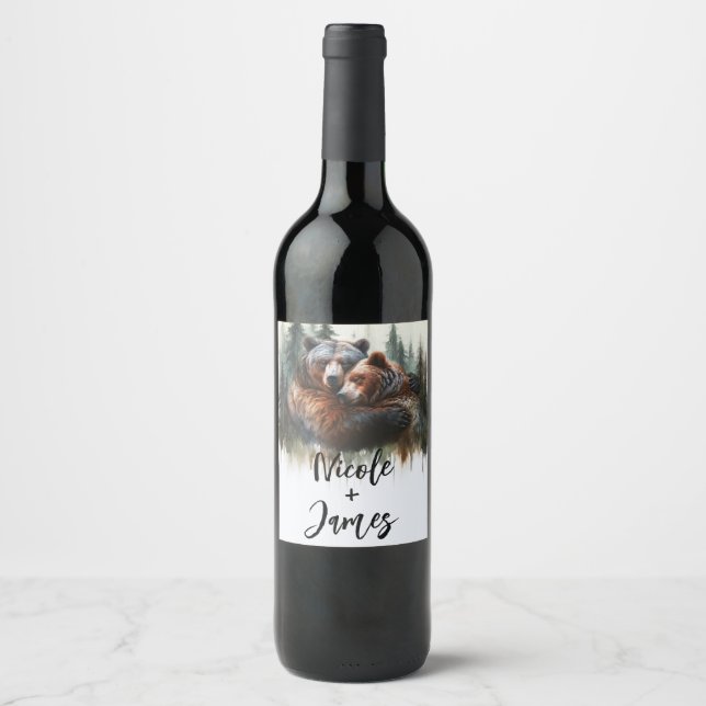 Watercolor Bears Rustic Wilderness Wedding Wine Label (Front)