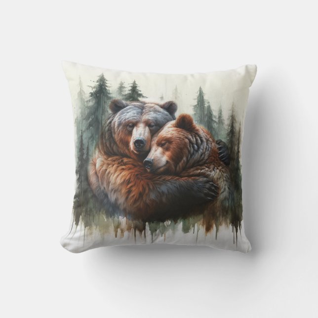 Watercolor Bears & Trees Rustic Wilderness  Cushion (Front)