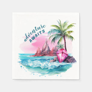 Watercolor Beautiful Beach Palm Tree Mountain View Napkin