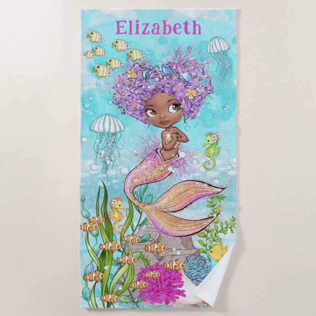 Watercolor Beautiful Brown Little Mermaid Beach Towel (Front)