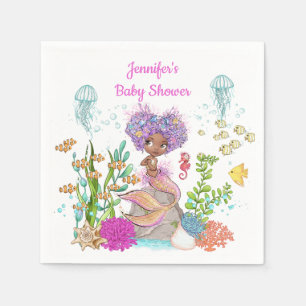 Watercolor Beautiful Brown Little Mermaid Birthday Napkin