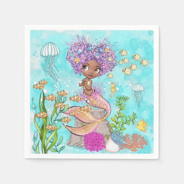 Watercolor Beautiful Brown Little Mermaid Birthday Napkin (Front)
