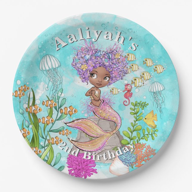 Watercolor Beautiful Brown Little Mermaid Birthday Paper Plate (Front)