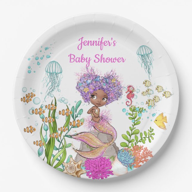 Watercolor Beautiful Brown Little Mermaid Birthday Paper Plate (Front)