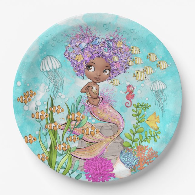 Watercolor Beautiful Brown Little Mermaid Birthday Paper Plate (Front)
