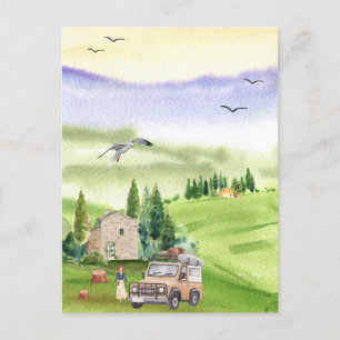 Watercolor beautiful landscape hill camper postcard
