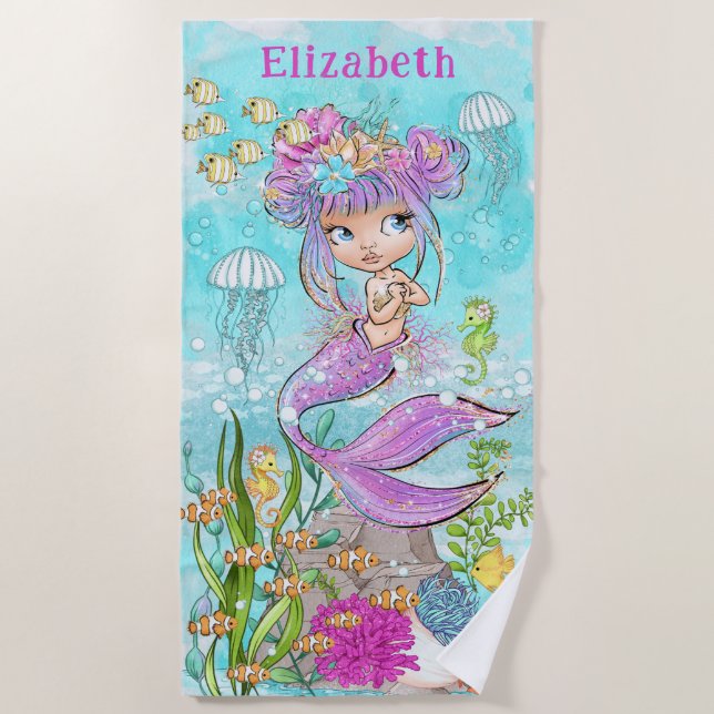 Watercolor Beautiful Little Mermaid Beach Towel (Front)