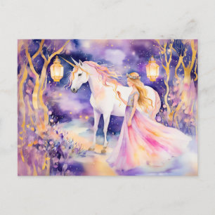 Watercolor Beautiful Princess and Unicorn Postcard