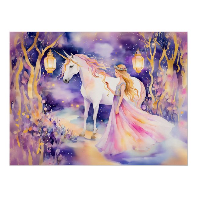 Watercolor Beautiful Princess and Unicorn Poster (Front)