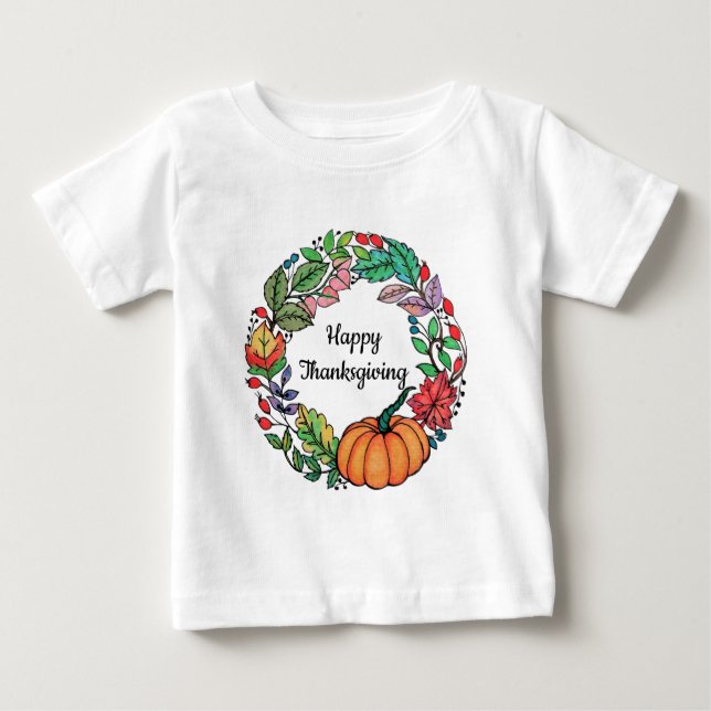 Watercolor Beautiful Pumpkin Wreath with leaves Baby T-Shirt (Front)