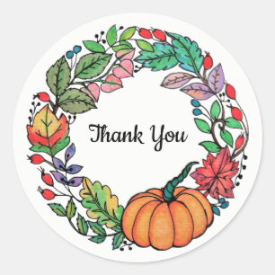 Watercolor Beautiful Pumpkin Wreath with leaves Classic Round Sticker