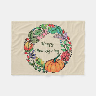 Watercolor Beautiful Pumpkin Wreath with leaves Fleece Blanket