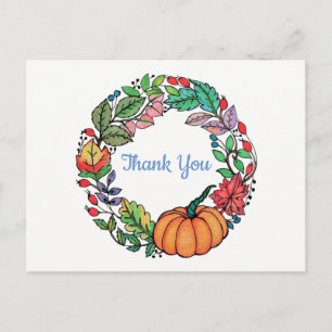 Watercolor Beautiful Pumpkin Wreath with leaves Postcard
