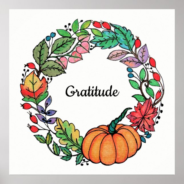Watercolor Beautiful Pumpkin Wreath with leaves Poster (Front)