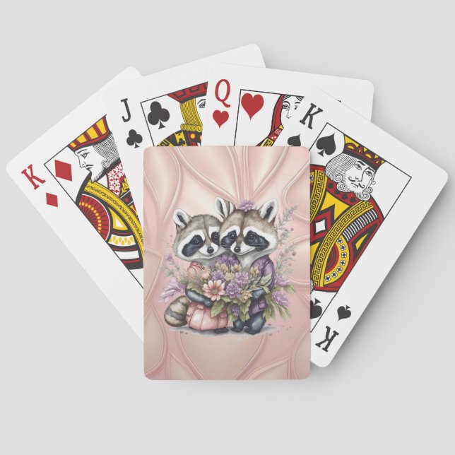 Watercolor Beautiful Racoon Couple With Flowers Playing Cards (Back)