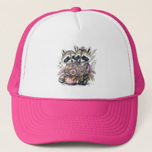 Watercolor Beautiful Racoon Couple With Flowers Trucker Hat