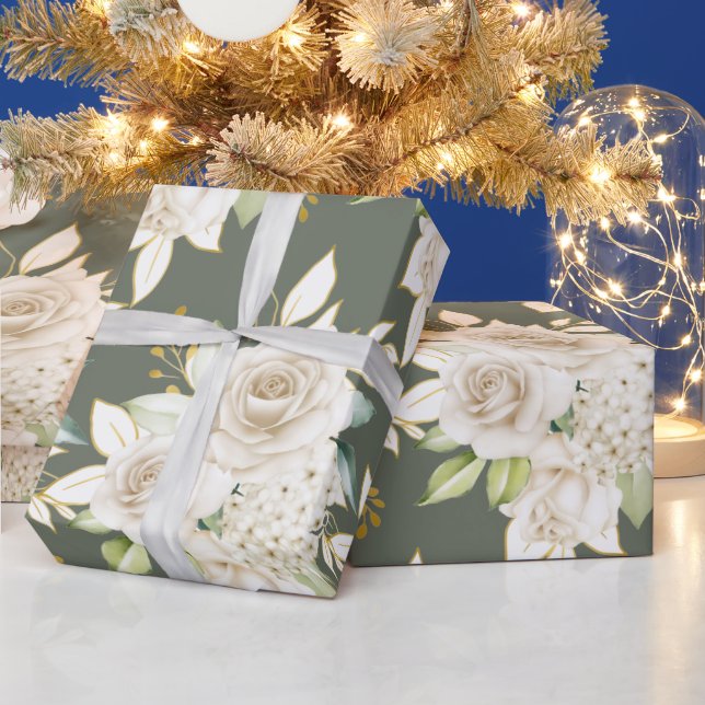 Watercolor Beautiful White Roses Garden Flower  Wrapping Paper (Holidays)