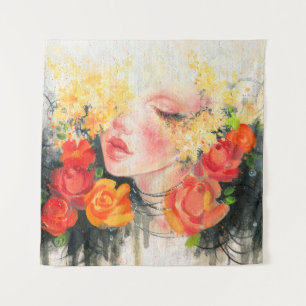Watercolor beautiful woman and flowers tapestry