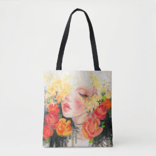 Watercolor beautiful woman and flowers tote bag