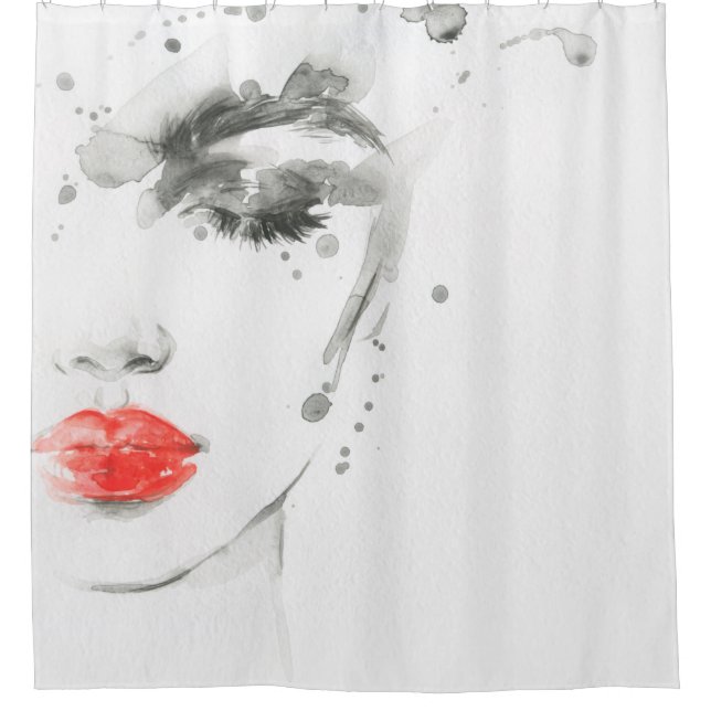 Watercolor beautiful woman face shower curtain (Front)