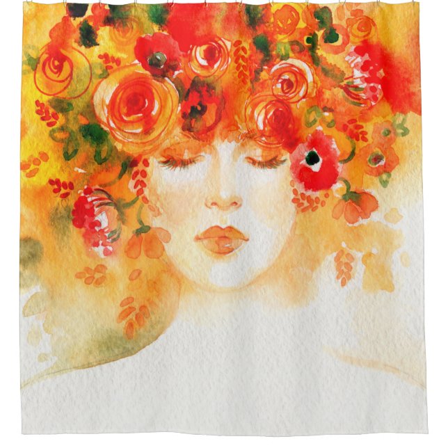 Watercolor beautiful woman wearing wreath shower curtain (Front)