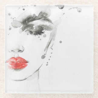 Watercolor Beauty: Female Portrait Illustration Glass Coaster