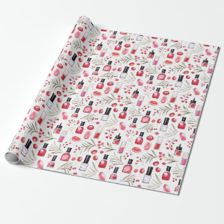 Watercolor beauty items lipstick Christmas florals Wrapping Paper