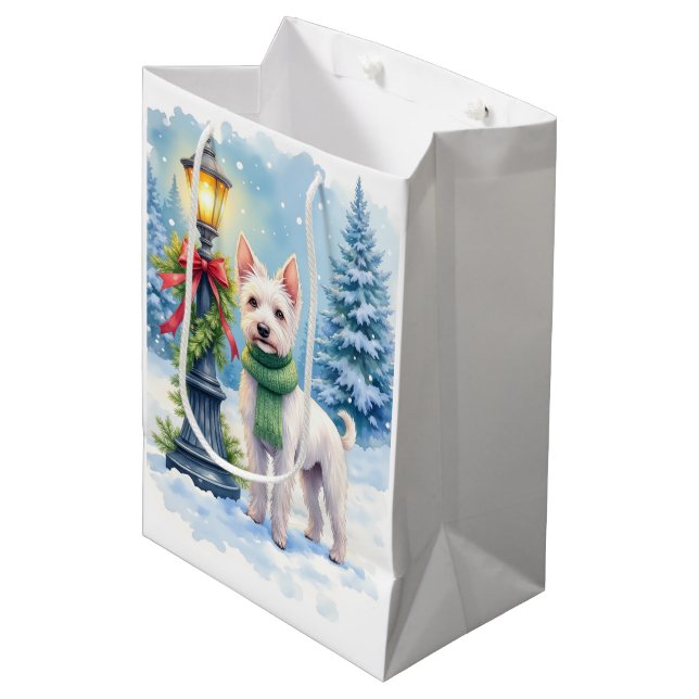 Watercolor Bedlington Terrier Lamppost Christmas Medium Gift Bag (Front Angled)