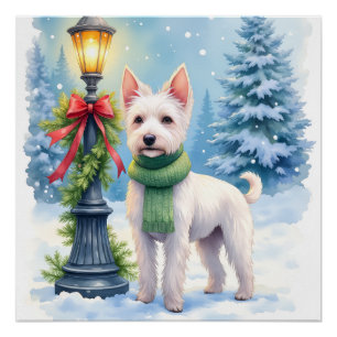 Watercolor Bedlington Terrier Lamppost Christmas Poster