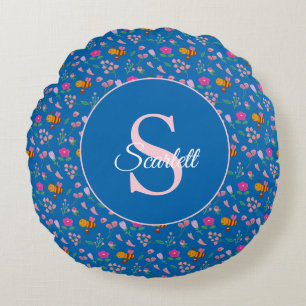Watercolor Bee and Flowers Monogram Name Blue Round Cushion