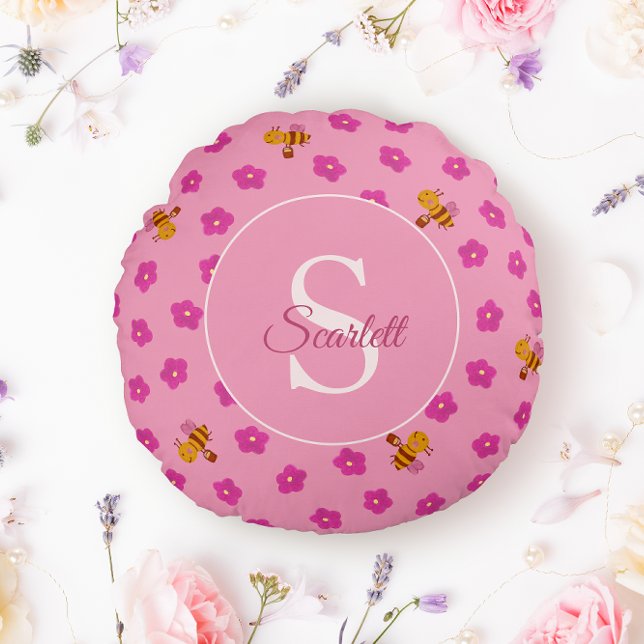 Watercolor Bee and Flowers Monogram Name Round Cushion (Creator Uploaded)