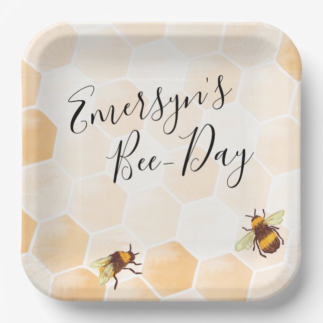 Watercolor Bee Birthday Paper Plate (Front)