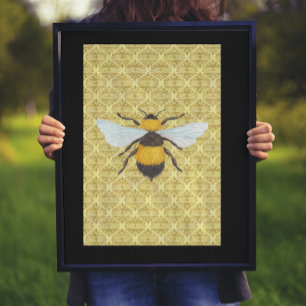 Watercolor Bee on Damask Poster