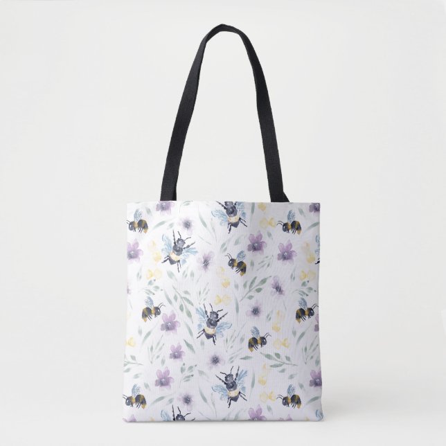 Watercolor Bee Pattern Tote Bag (Front)