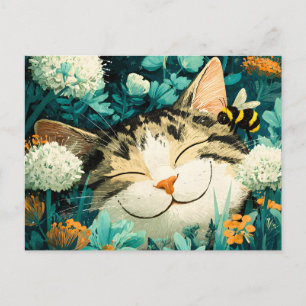 Watercolor Bee Sleeping Cat Flower Garden Announcement Postcard