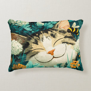 Watercolor Bee Sleeping Cat Flower Garden Decorative Cushion