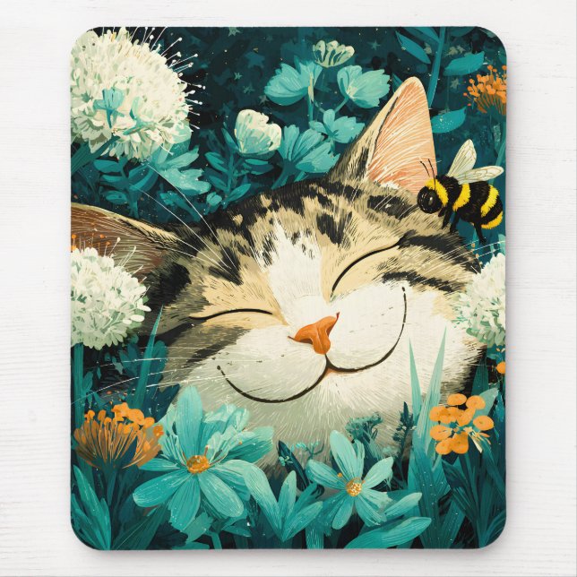 Watercolor Bee Sleeping Cat Flower Garden Mouse Pad (Front)