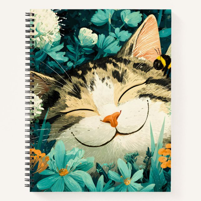 Watercolor Bee Sleeping Cat Flower Garden Notebook (Front)