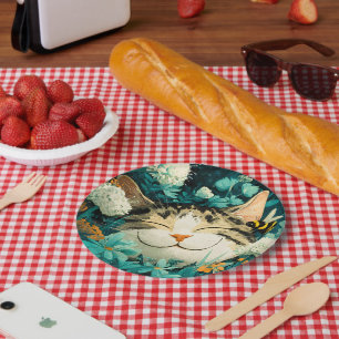 Watercolor Bee Sleeping Cat Flower Garden Paper Plate