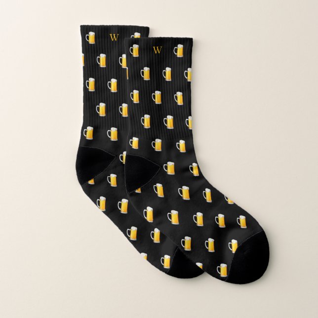 Watercolor Beer Mug Cider Drinker Monogram Black Socks (Pair)