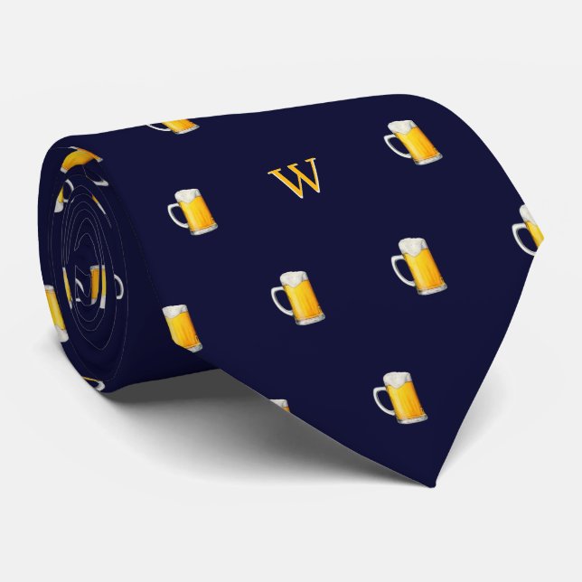 Watercolor Beer Mug Cider Drinker Monogram Blue Tie (Rolled)