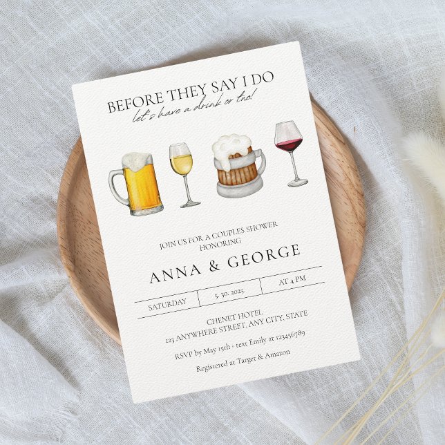 Watercolor Beer Wine Brewery Couples Shower Invitation (Bubbles & Brews Couples Shower Invitation)